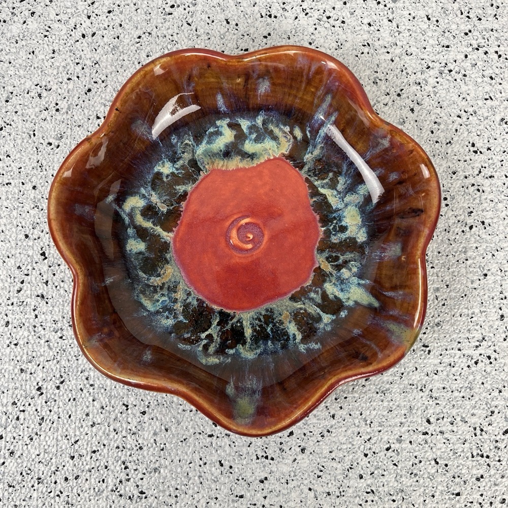 Sunset Clay Works Bowl Dish Studio Art Pottery Orange Blue Red‎ Glaze